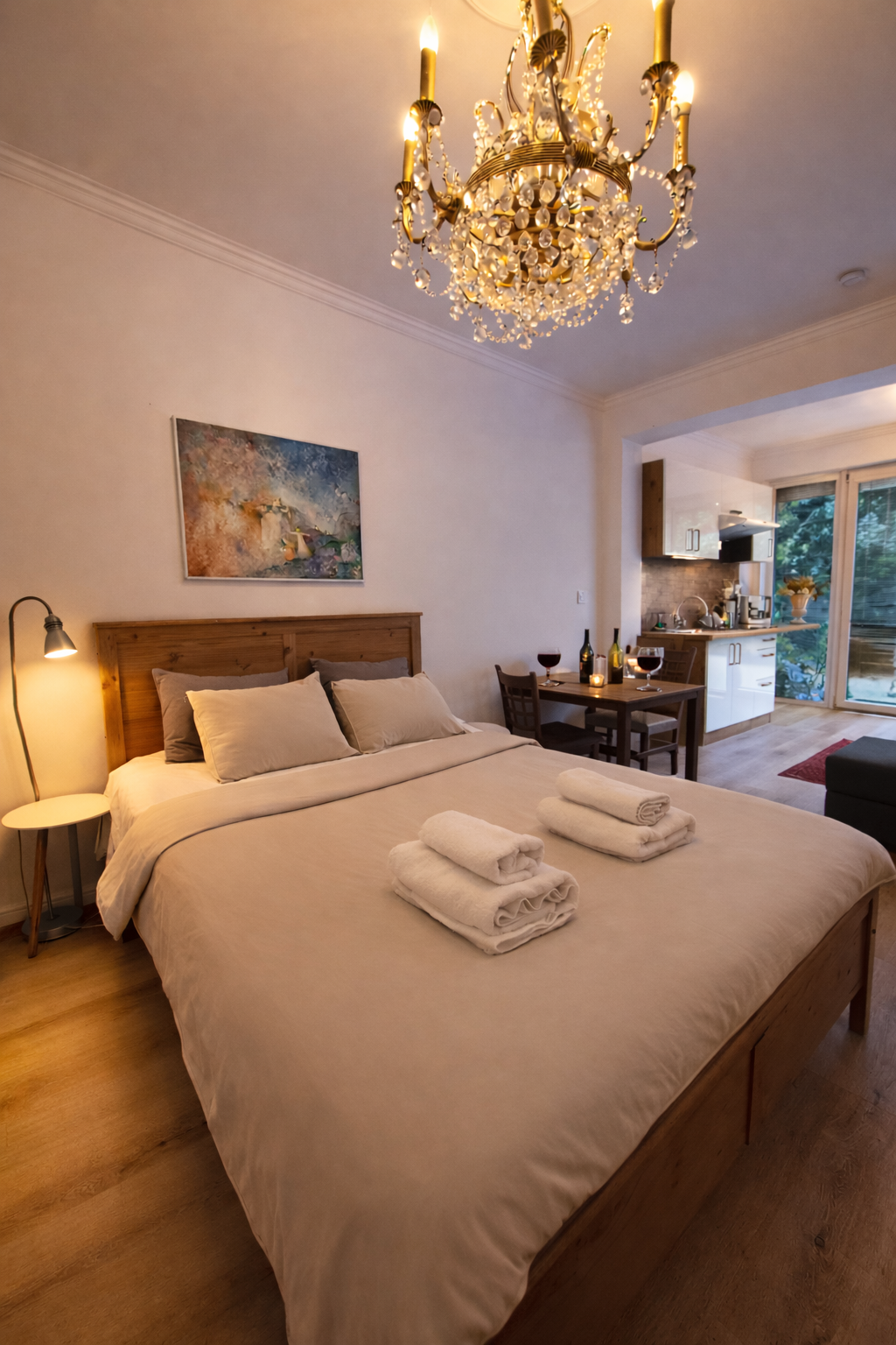 Terrace Studio — chandelier and kitchenette